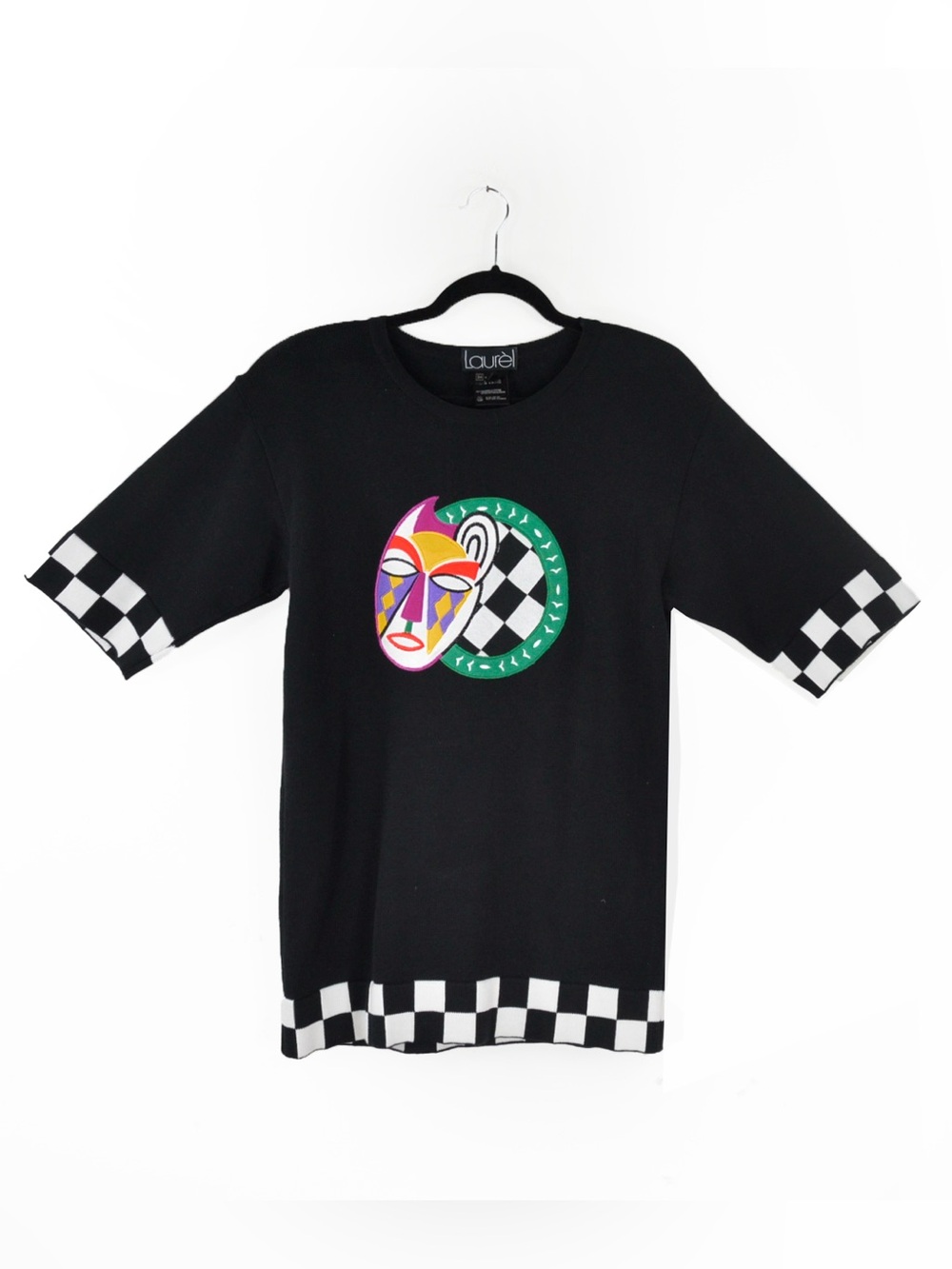 Vtg 80s 90s Laurel by Escada Whimsy Mask Graphic Checkerboard Trim Black Top